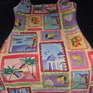 Colorful Mediterranean Print Sundress with Fruit & Palm Motifs